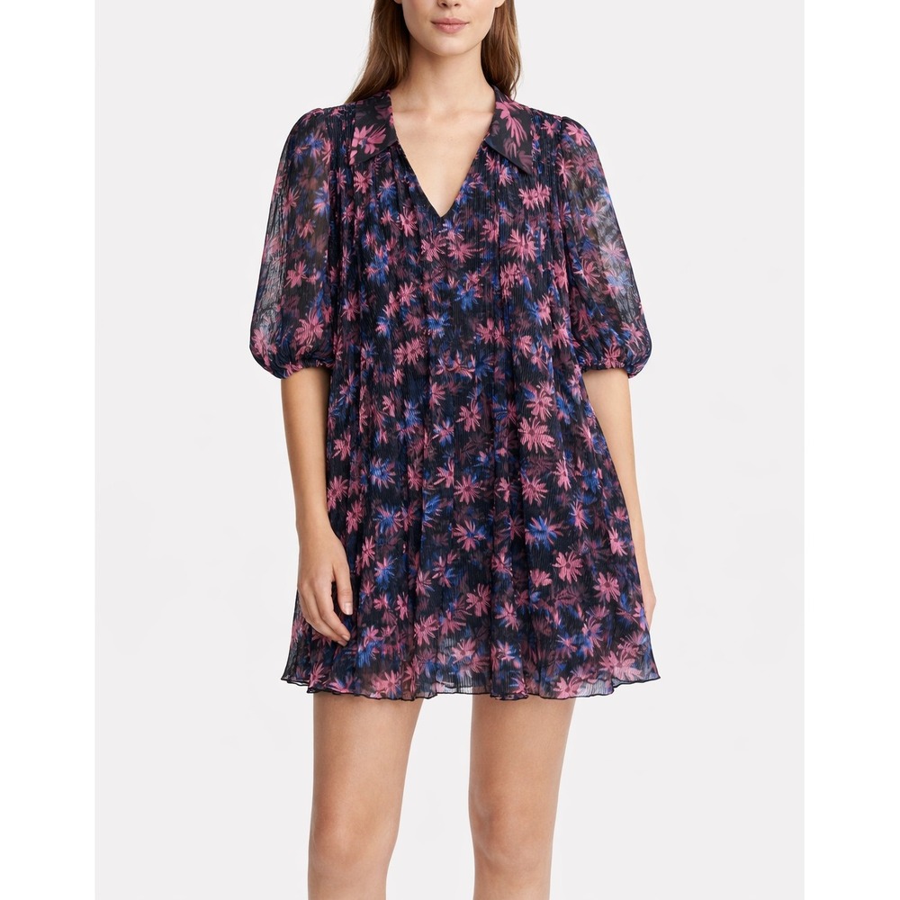 GANNI Floral Pleated Mini Dress Puff Sleeve Sheer Overlay EU 32 US 0 Scandi Chic